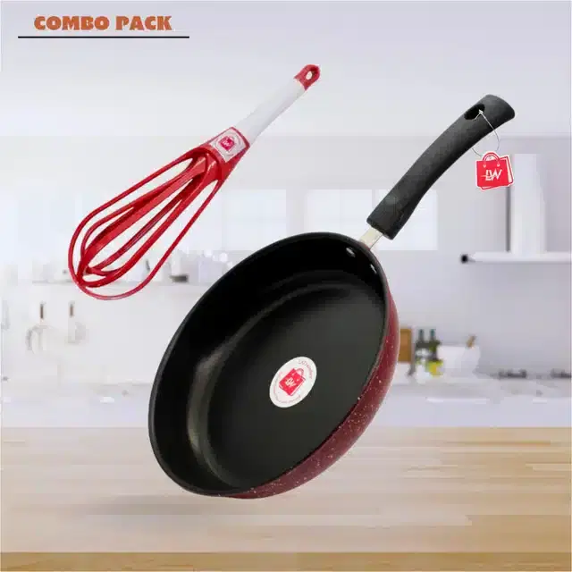 Non Stick Fry Pan with Plastic Whisker, Maroon, 1 L