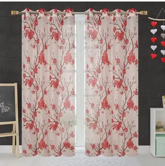 Netted Printed Window & Door Curtains, Pack of 2, Maroon, 5 feet