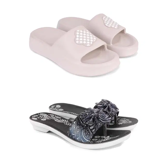 Combo of Sliders & Flats for Women, Set of 2 (Multicolor, 6)