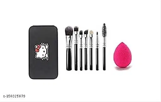 Makeup Brushes With Hello Kitty Print Storage Box and Makeup Blending Puff Sponge - (Black Colour) (Pack of 8) ,