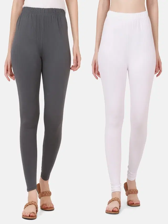 Cotton Solid Leggings for Women, Pack of 2 (Grey & White, L)