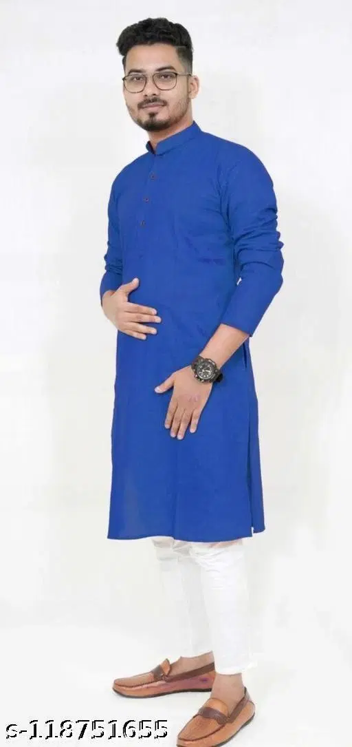 Mandarin Neck Kurta for Men (Blue, S)