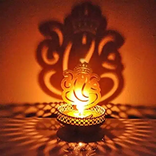 Lord Ganesh & Lakshmi Tealight Candle Holder, Gold