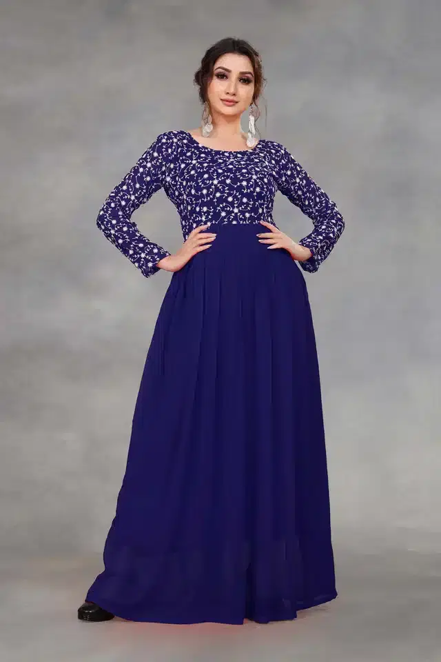 Women's Embroidered Anarkali Flared Gown (Navy Blue, M)