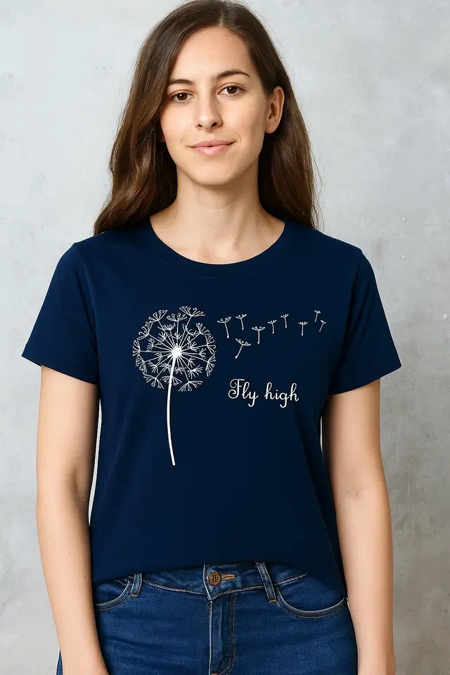 Cotton Blend Printed T-Shirt for Women, Blue (L)