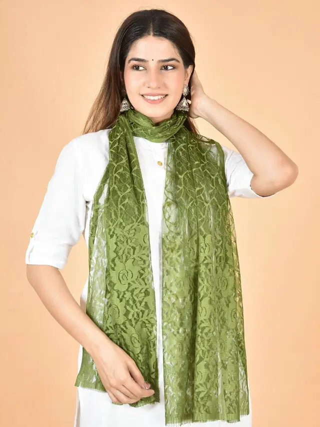 Net Self-Design Dupatta for Women (Green, 2.2 m)
