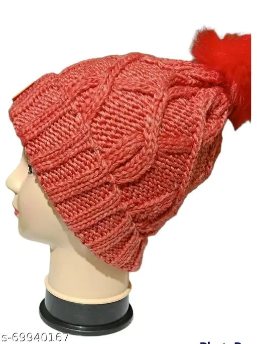 Woolen Cap for Women (Red, Free Size)