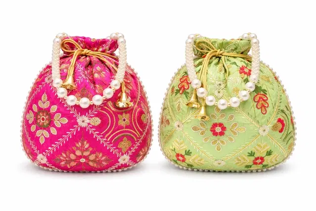 Handcrafted Embroidered Silk Potli Bag, Multicolour, Pack of 2