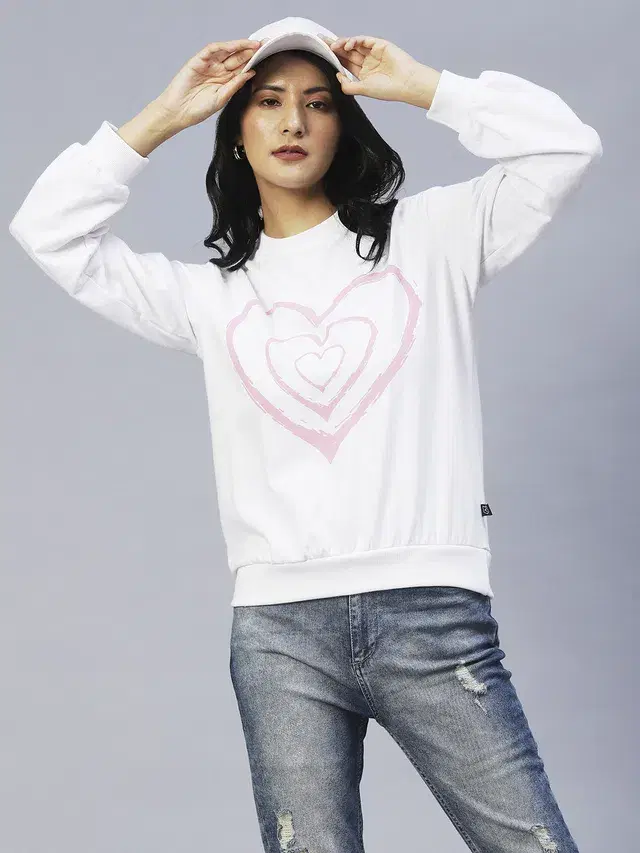 Women's Heart Printed Peasant Sleeves Sweatshirt (White, L)