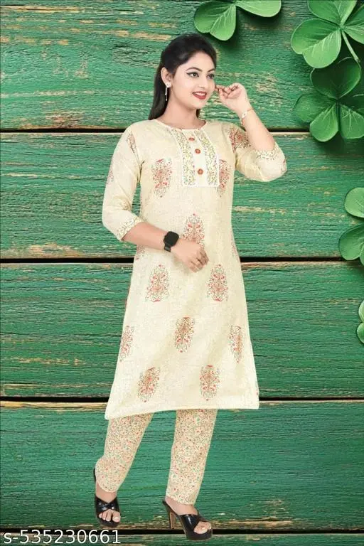 Jaipuri Cotton Printed Top & Bottom Sets for Women (White, M)