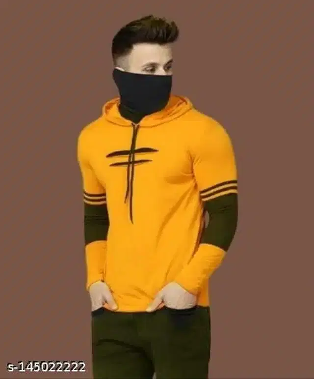 Full Sleeves Hooded T-Shirt for Men (Yellow & Olive Green, S)