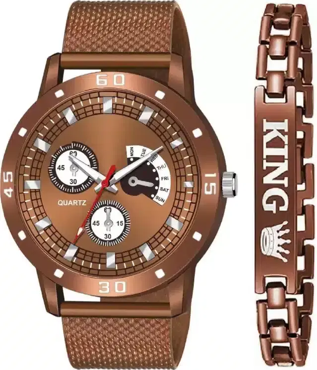 Analog Watch with Bracelet for Men, Set of 2 (Brown)