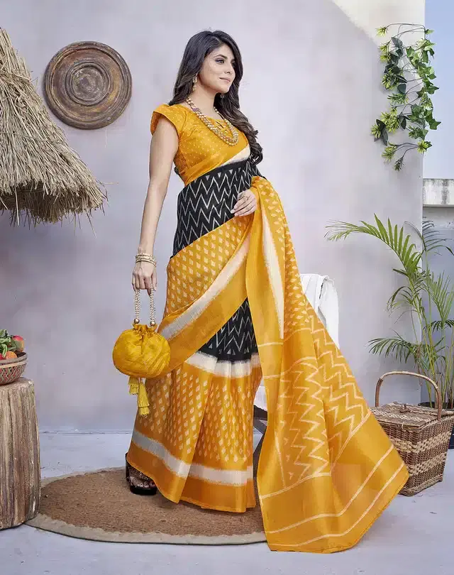 Art Silk Printed Saree for Women (Mustard, 6 m)
