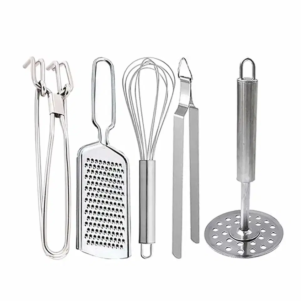 Oc9 Stainless Steel Utility Pakkad & Cheese Grater & Egg Whisk & Roti Chimta & Potato Masher For Kitchen Tool Set