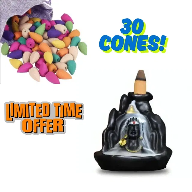 Poly Resin Shiva Murti Showpiece with 30 Pcs Backflow Smoke Cones, Black, Set of 1