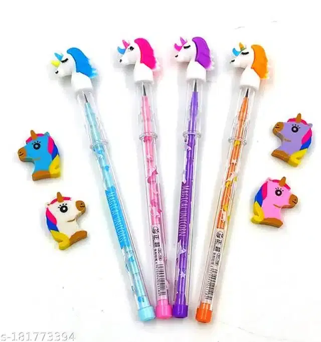 Unicorn Pencils, 4 Pcs with 4 Pcs Erasers for Kids, Multicolor, Set of 2