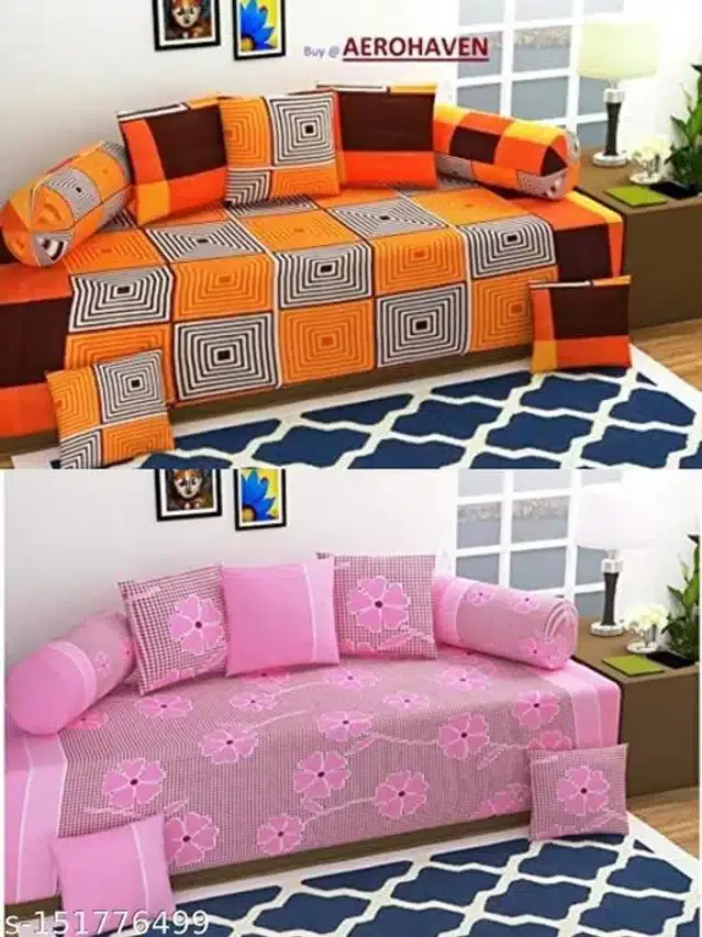 Polycotton Diwan Cover Set, Orange & Pink, Combo of 2