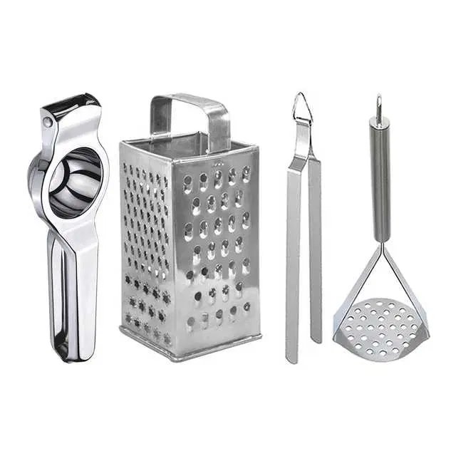 Oc9 Stainless Steel Lemon Squeezer & 4 in 1 Grater Or Slicer & Roti Chimta & Potato Masher Kitchen Tool Set, O-112