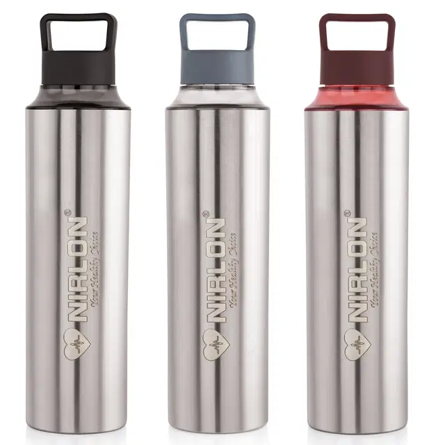 Nirlon Stainless Steel Water Bottles, Silver, 900 ml, Pack of 3