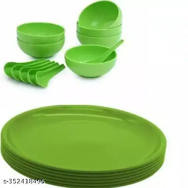 Plastic 6 Pcs Plates with 6 Pcs Spoons & 6 Pcs Bowls, 250 ml, Green, Set of 3
