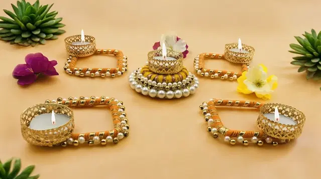 Metal Designer Tealight Candle Holder, Multicolor, 8x8x4.5 cm, Pack of 5