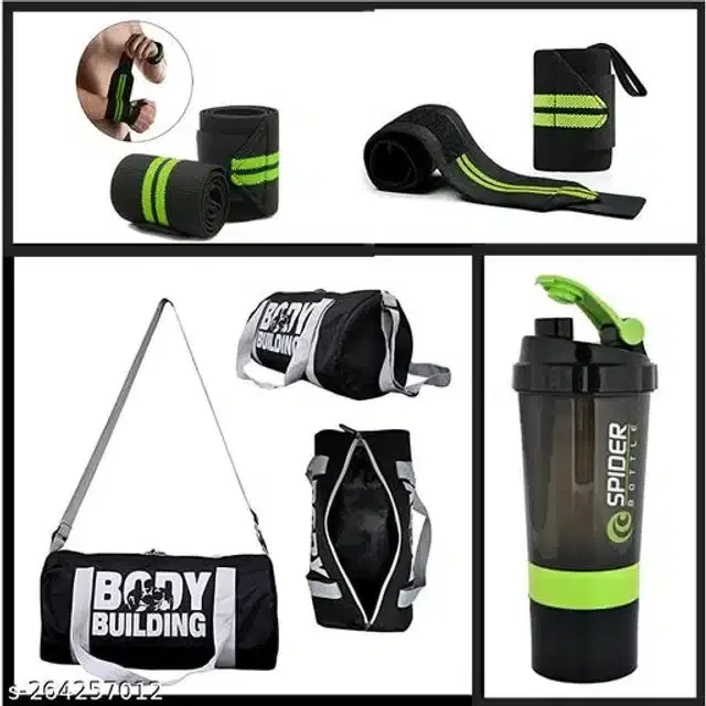 Combo of Gym Bag with Shaker Bottle, 400 ml, Wrist Support Bands, Multicolor, Set of 3