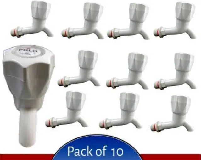 Plastic Long Body Bib Cock Tap with Wall Flange, White, Set of 10