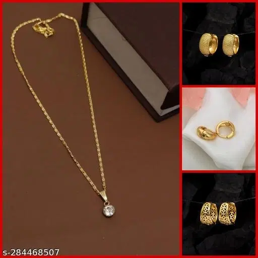 Alloy Pendant with Chain & 3 Pair Earrings for Women, Set of 4 (Multicolor)