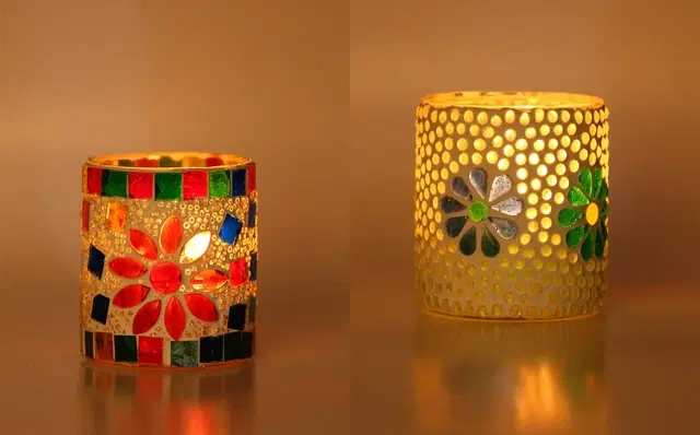 Glass Decorative Tea Light Holders, Multicolor, Pack of 2