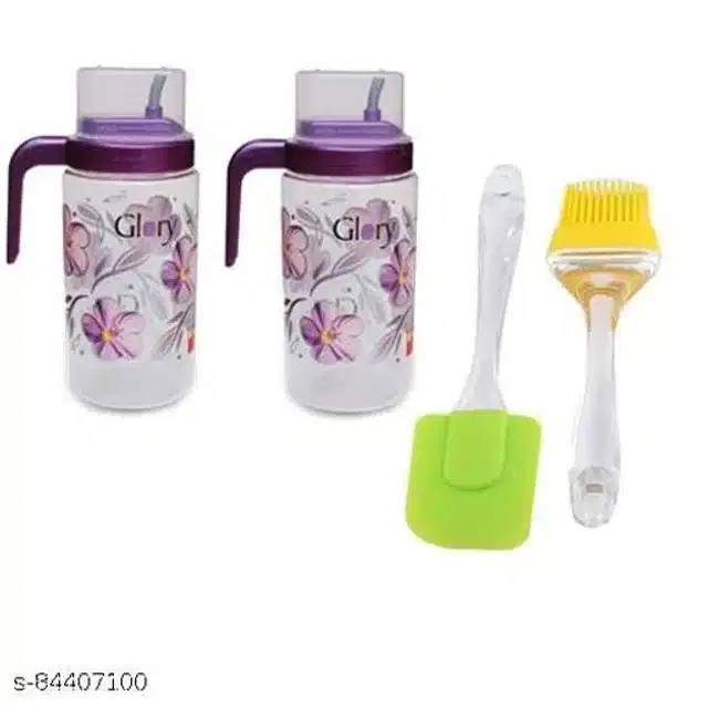 2 Pc Plastic Oil Dispenser with Spatula & Oil Brush, Multicolor, Set of 4