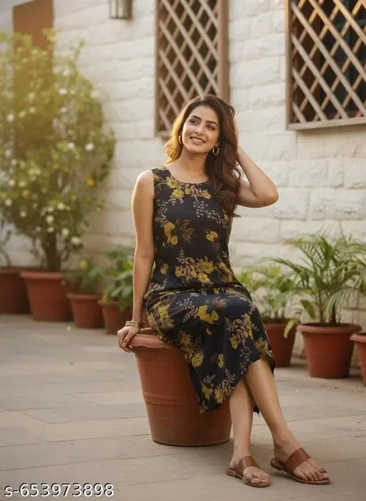 Floral Printed Kurti for Women (Black, S)