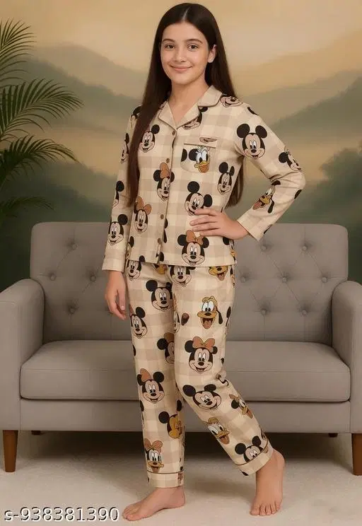 Night Suit for Girls (Beige, 8-9 Years)