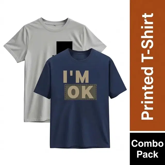 Round Neck Printed T-Shirt for Men, Combo Pack of 2, Grey & Navy Blue, L