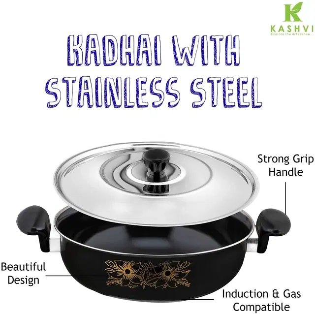 Cast Iron Kadai with Lid, Black & Silver, 28 cm