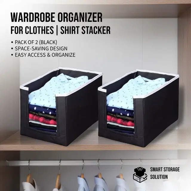 RAJ BAG Garment Cover / Cloth Cover / Shirt Stacker / Shirt Organizer for Men Travel / Wardrobe Organizer for Storage Clothes / Cloth Organizer for Wardrobe / Storage Box For Clothes, Pack of 2, Black