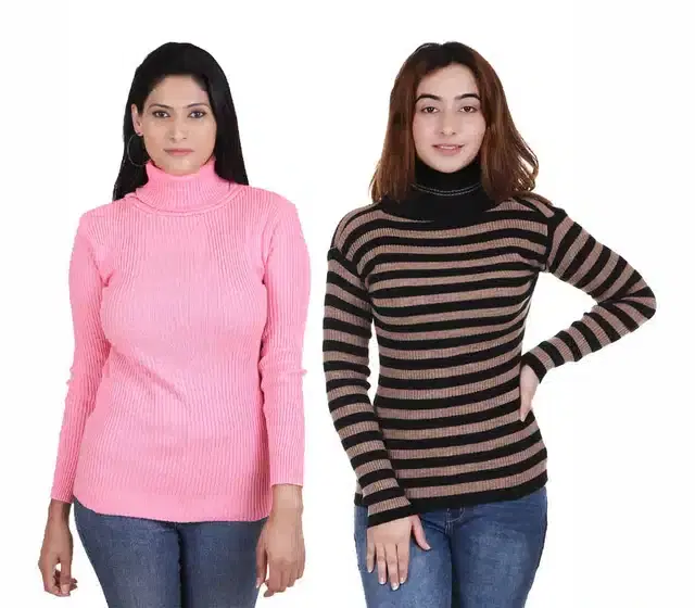 Full Sleeves Solid Sweater for Women, Pack of 2 (Pink & Brown, S)
