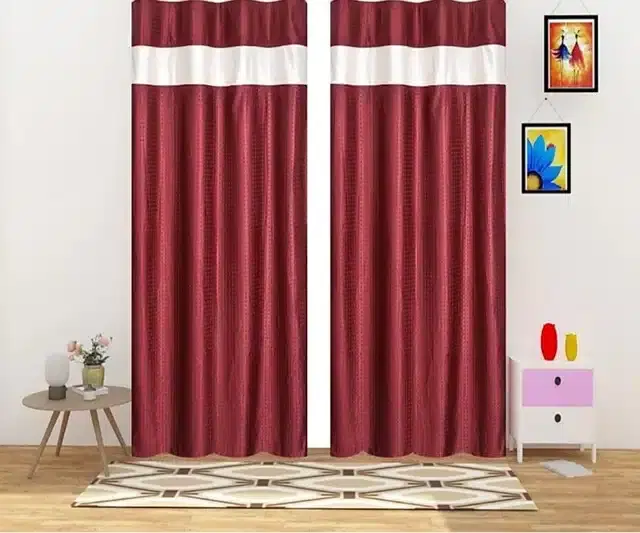 Polyester Patch Worked Window & Door Curtains, Pack of 2, Maroon, 5 feet