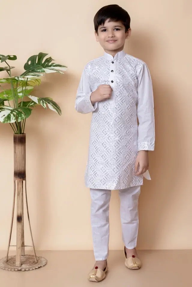 Cotton Embellished Kurta with Payjama for Boys, White (6-12 Months)