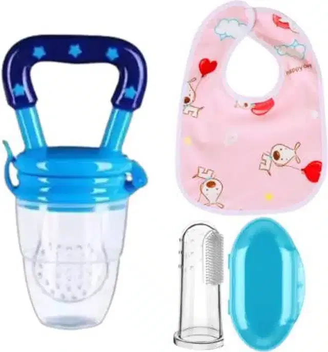 Silicone Fruit Feeder with Finger Brush & Bib for Kids, Multicolor, Set of 3