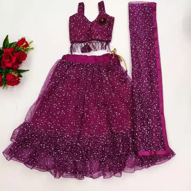 Net Self-Design Lehenga with Choli & Dupatta for Girls (Purple, 2-3 Years)