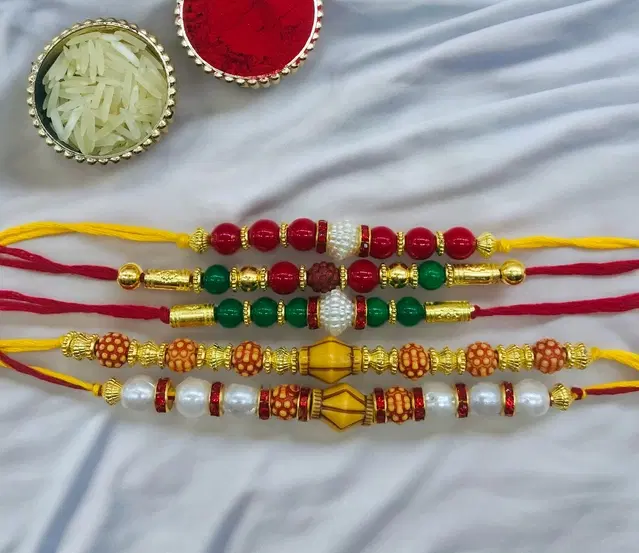 Handmade Designer Rakhi with Roli Chawal, Multicolor, Pack of 5