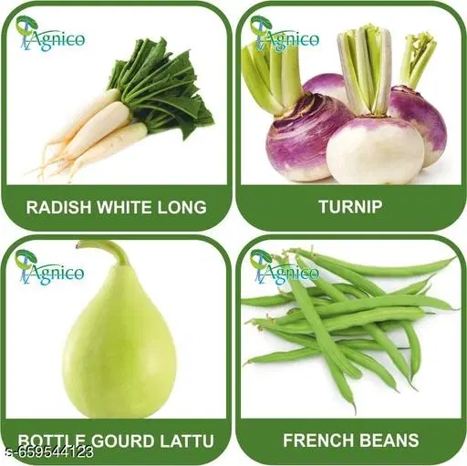 4 Vegetable Seeds Combo With Instruction Manual(Radish White Long/Turnip/Bottle Gourd Lattu/French Beans)