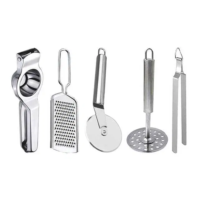Oc9 Stainless Steel Lemon Squeezer & Cheese Grater & Pizza Cutter & Potato Masher & Roti Chimta Kitchen Tool Set, O-123