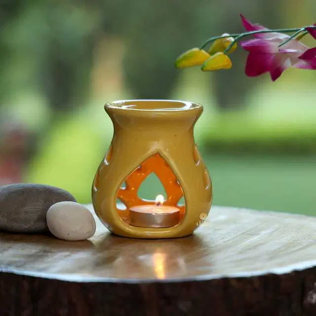Aroma Ceramic Tealight Candle Holder Oil Diffuser Burner, Yellow, 9.5 X 7 X 9.5 Cm, Du-049