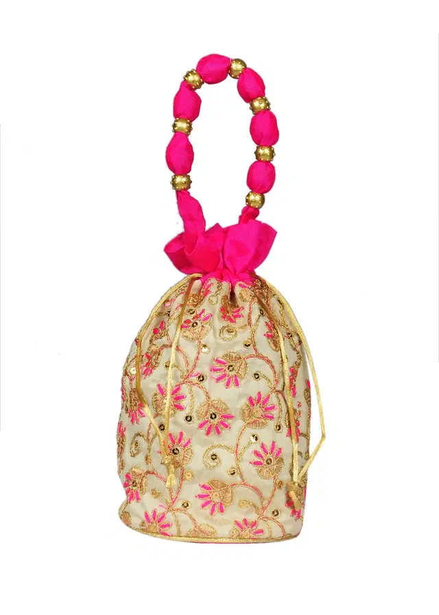Silk Floral Ethnic Rajasthani Traditional Work Potli with Handle for Return Gifts, Pink