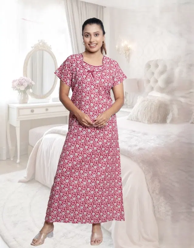 100% Cotton Floral Print Nightdress for Women, Maroon (Free )