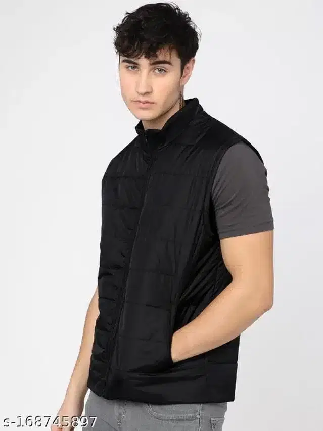 Polyester Sleeveless Solid Jacket for Men (Black, XXL)