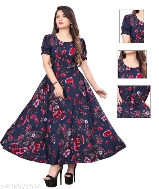 Fit and Flare Floral Dress for Women (Navy Blue, S)