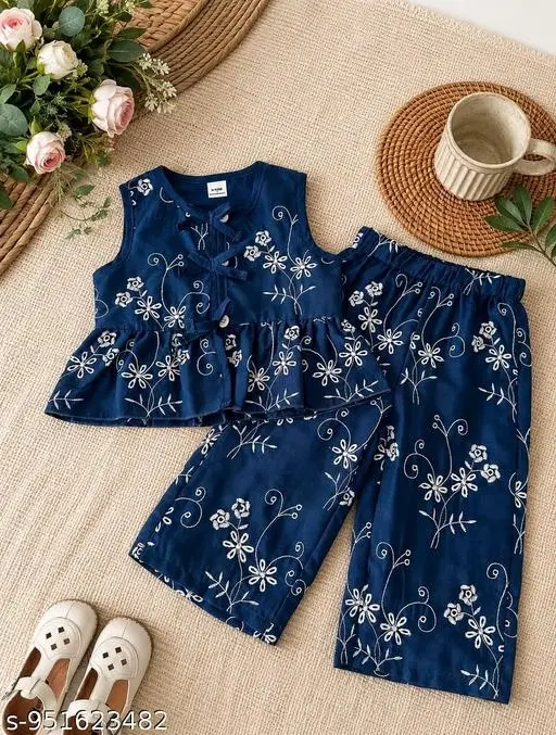 Floral Cotton Co-Ord Set for Girls (Navy Blue, 3-6 Months)