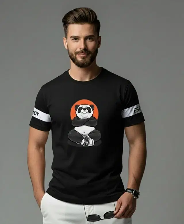 Polyester Printed T-shirt for Men, Black (XL)